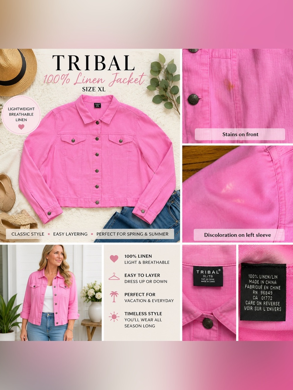 Tribal Pink 100% Linen Button Front Jacket Size XL